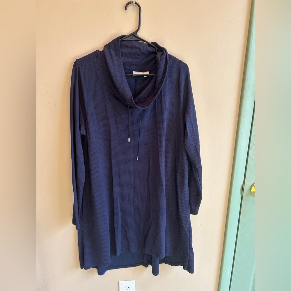 Relaxed Navy Cowl Neck Tunic with Drawstring